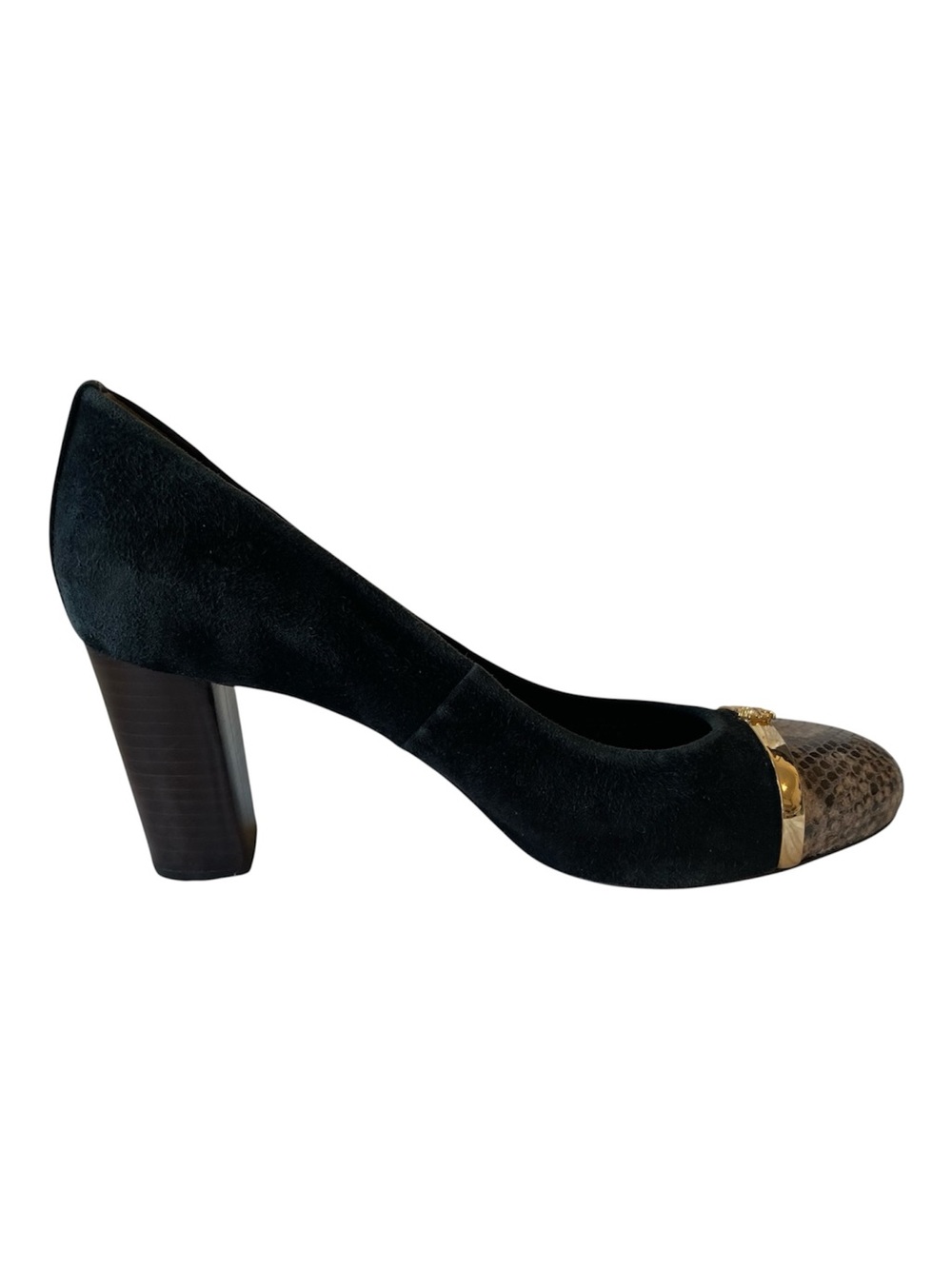 Tory Burch Pacey Black Suede Snake Cap Toe Block Heel Pumps Women’s 7 - Picture 7 of 12
